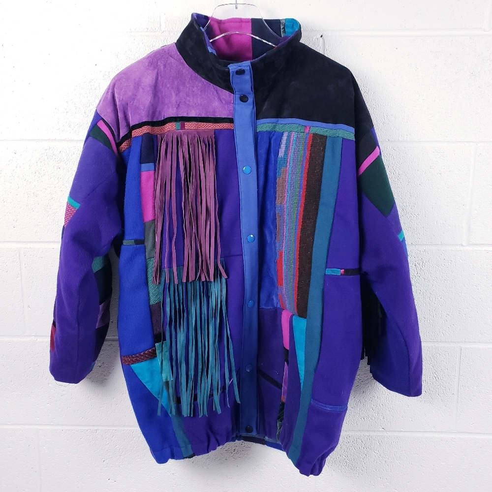 Vintage Santa Fe Re-Creations Suede Patchwork Fringe‎ Jacket Southwestern Large